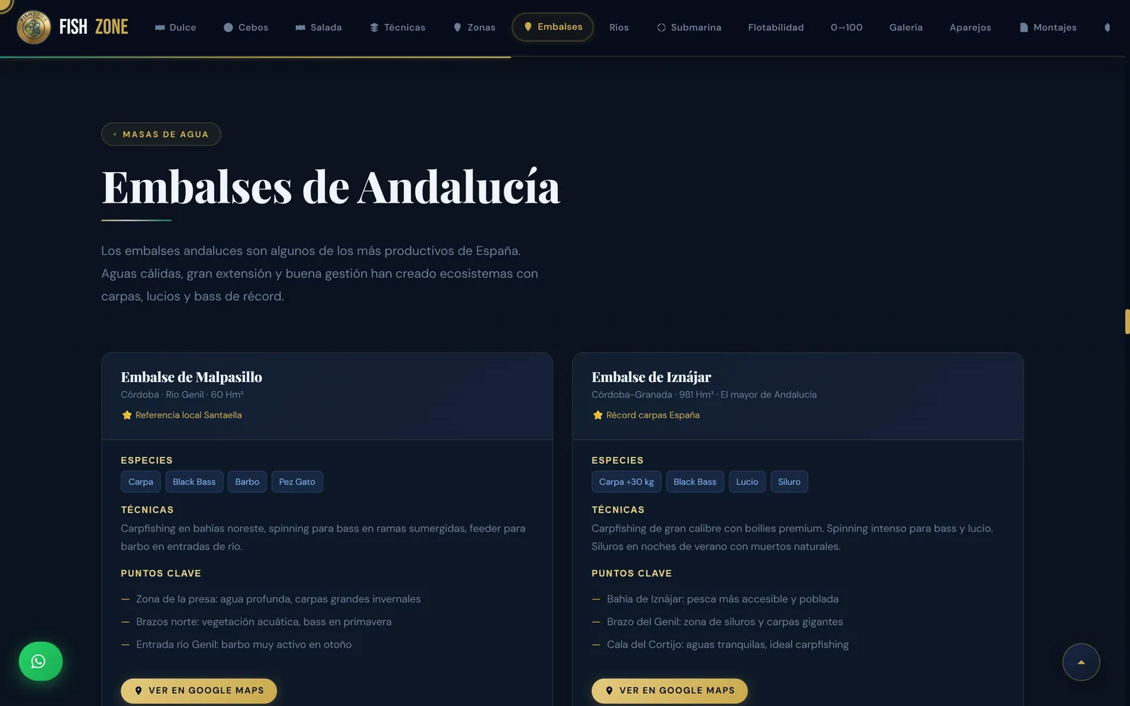 Sección de embalses de Andalucía de FishZone con las fichas de Malpasillo e Iznájar: especies, técnicas, puntos clave y botón de Google Maps