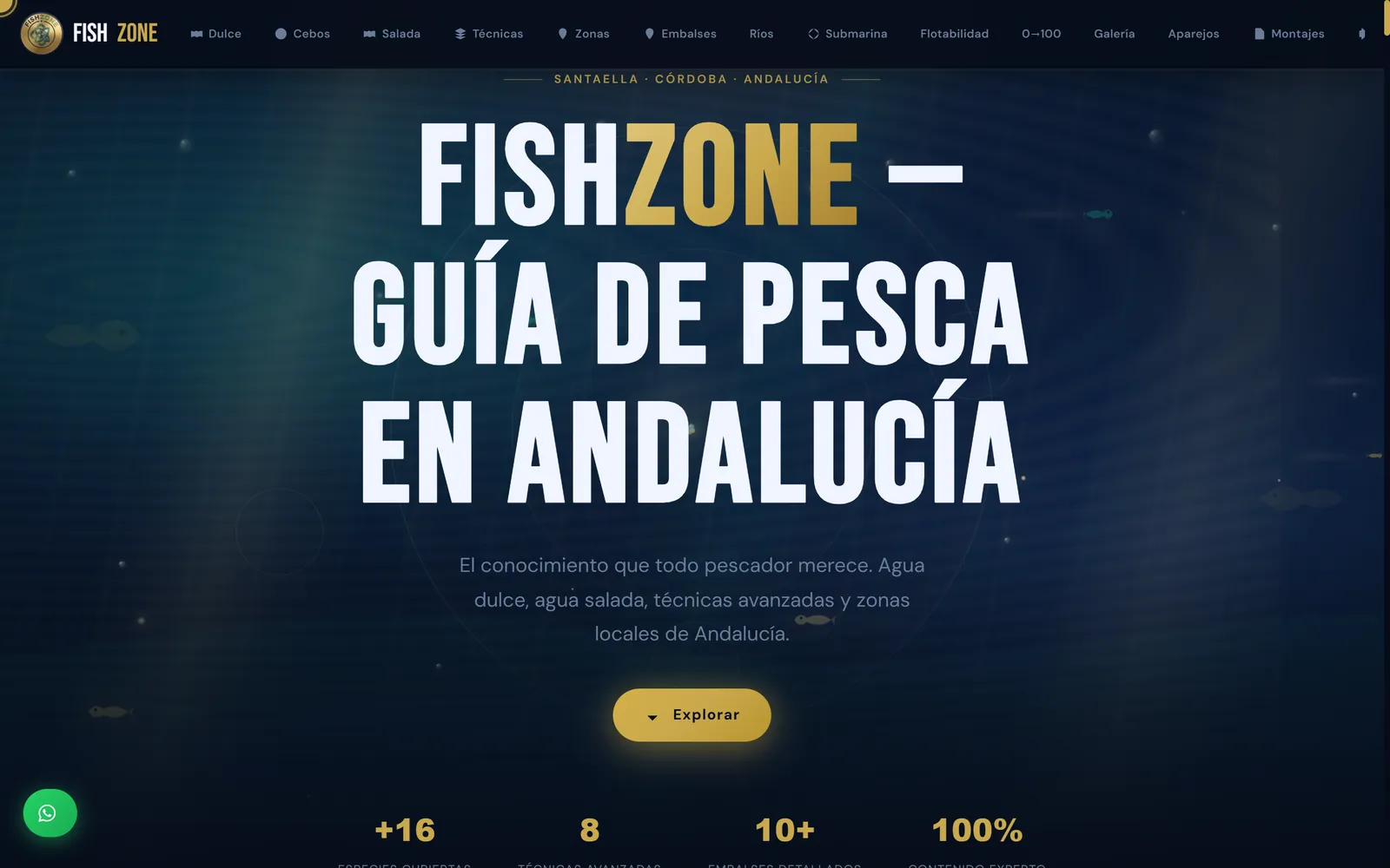 Página de inicio de FishZone en escritorio: titular FishZone, guía de pesca en Andalucía, con el medallón dorado en la barra de navegación