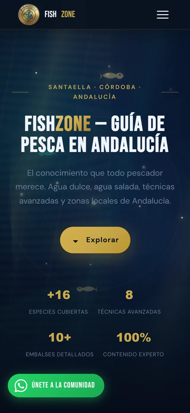 Inicio de FishZone en un móvil, con las cifras clave y el botón de unirse a la comunidad de WhatsApp