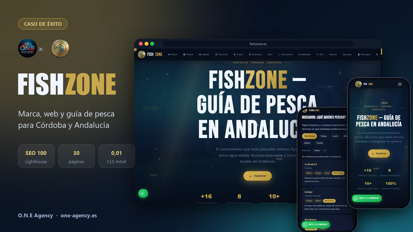 Web de FishZone en escritorio y en móvil, con el logo de FishZone junto al de O.N.E Agency